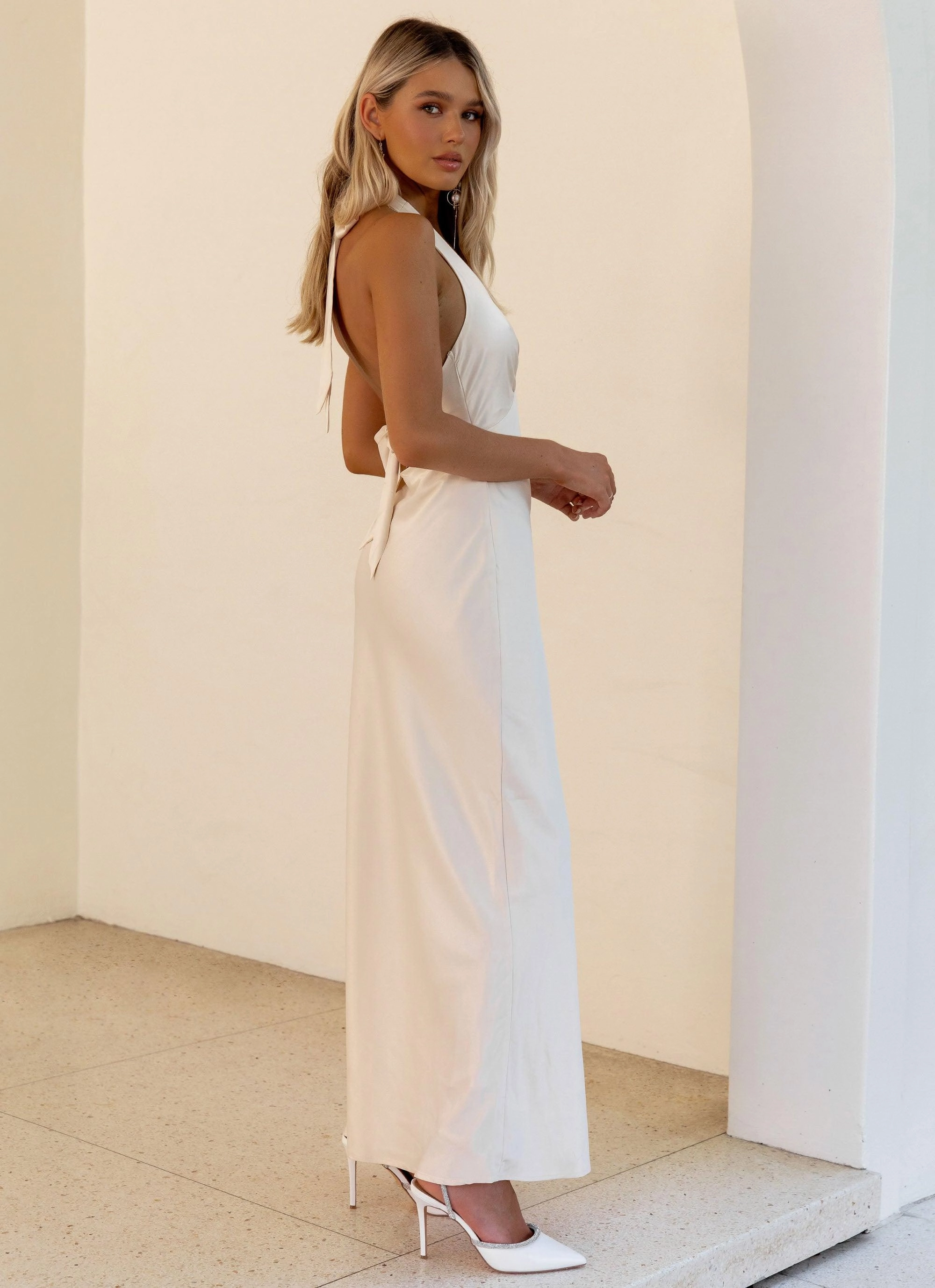 Fashion-forward day dress Stylish and Comfortable Heavy Hearted Satin Maxi Dress - Pearl