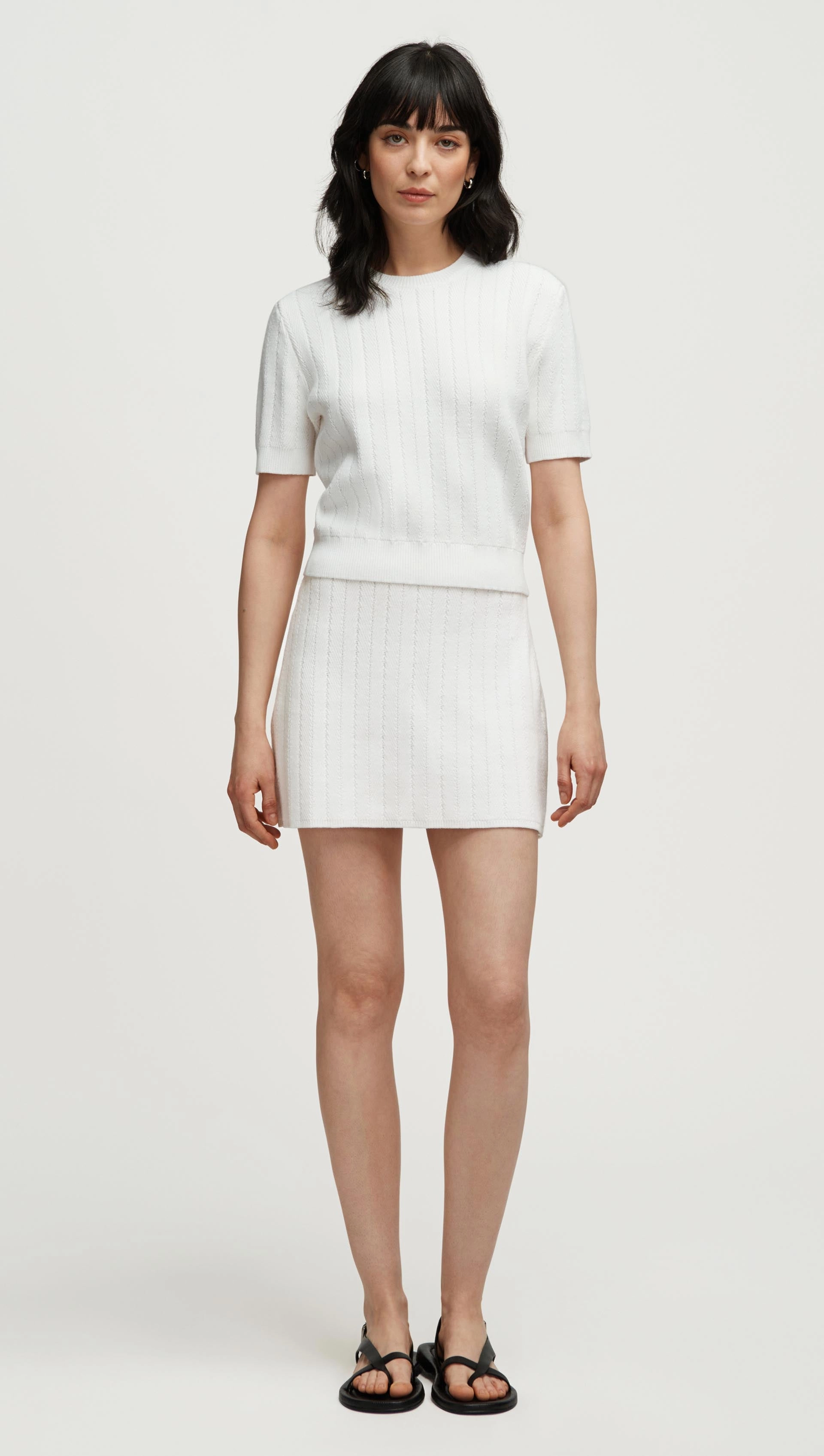 Asymmetrical Cut Autumn Stroll Herringbone Skirt in Viscose Polyester | White