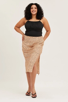 Leather Look Animal Print Satin Slit Midi Skirt
