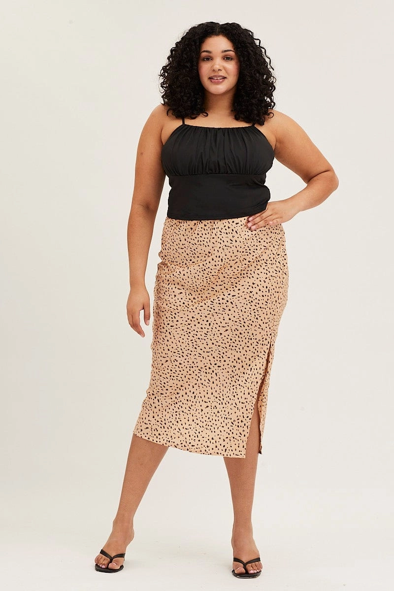 City Mood Cool Tone Animal Print Satin Slit Midi Skirt