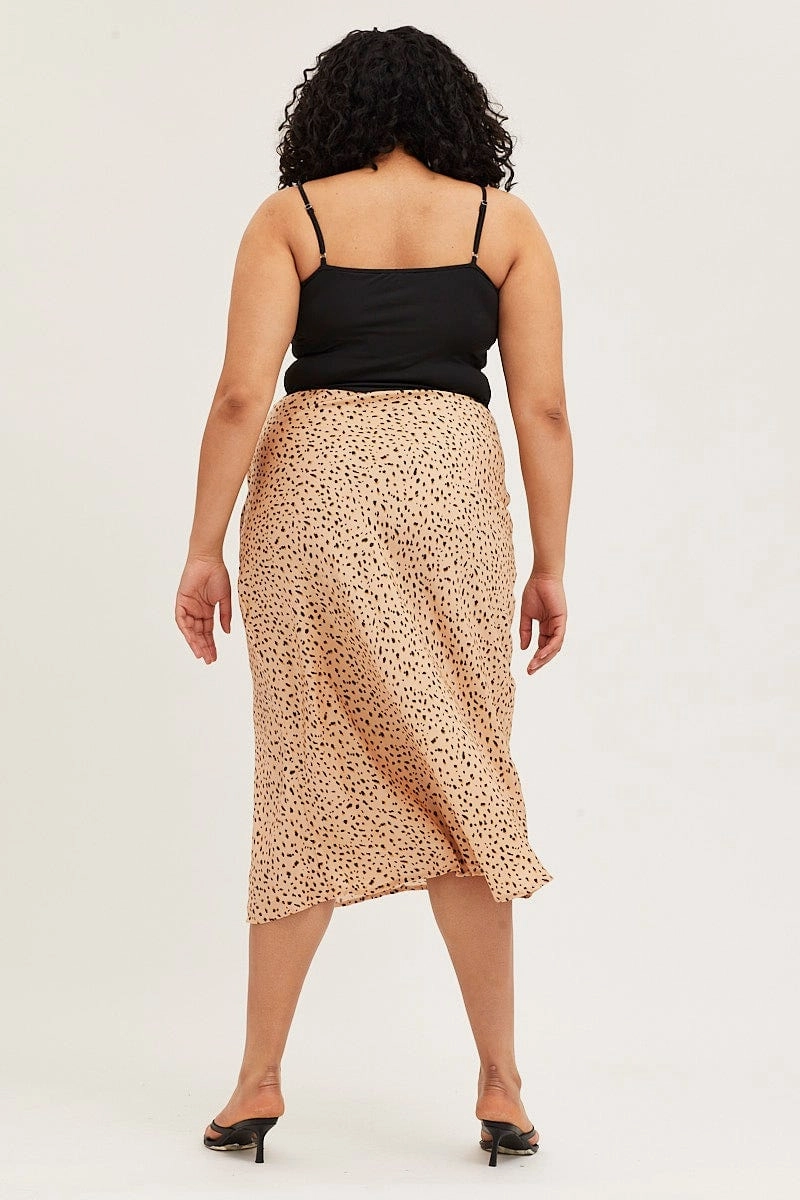 Metallic Finish Odor control Animal Print Satin Slit Midi Skirt