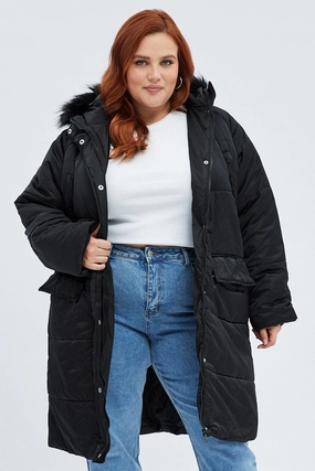 TemperatureRegulating Fabric ExpandableSideGussets Black Puffer Coat Fur Hood Long Sleeve