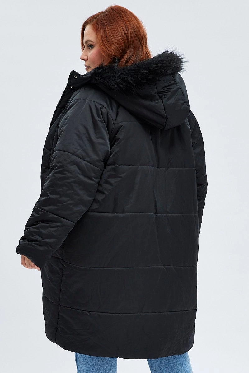 Hidden Zipper Everyday Layers Black Puffer Coat Fur Hood Long Sleeve