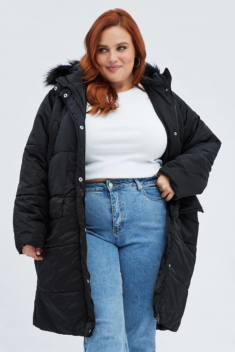 Comfy Layers Moisture Wicking Inner Black Puffer Coat Fur Hood Long Sleeve