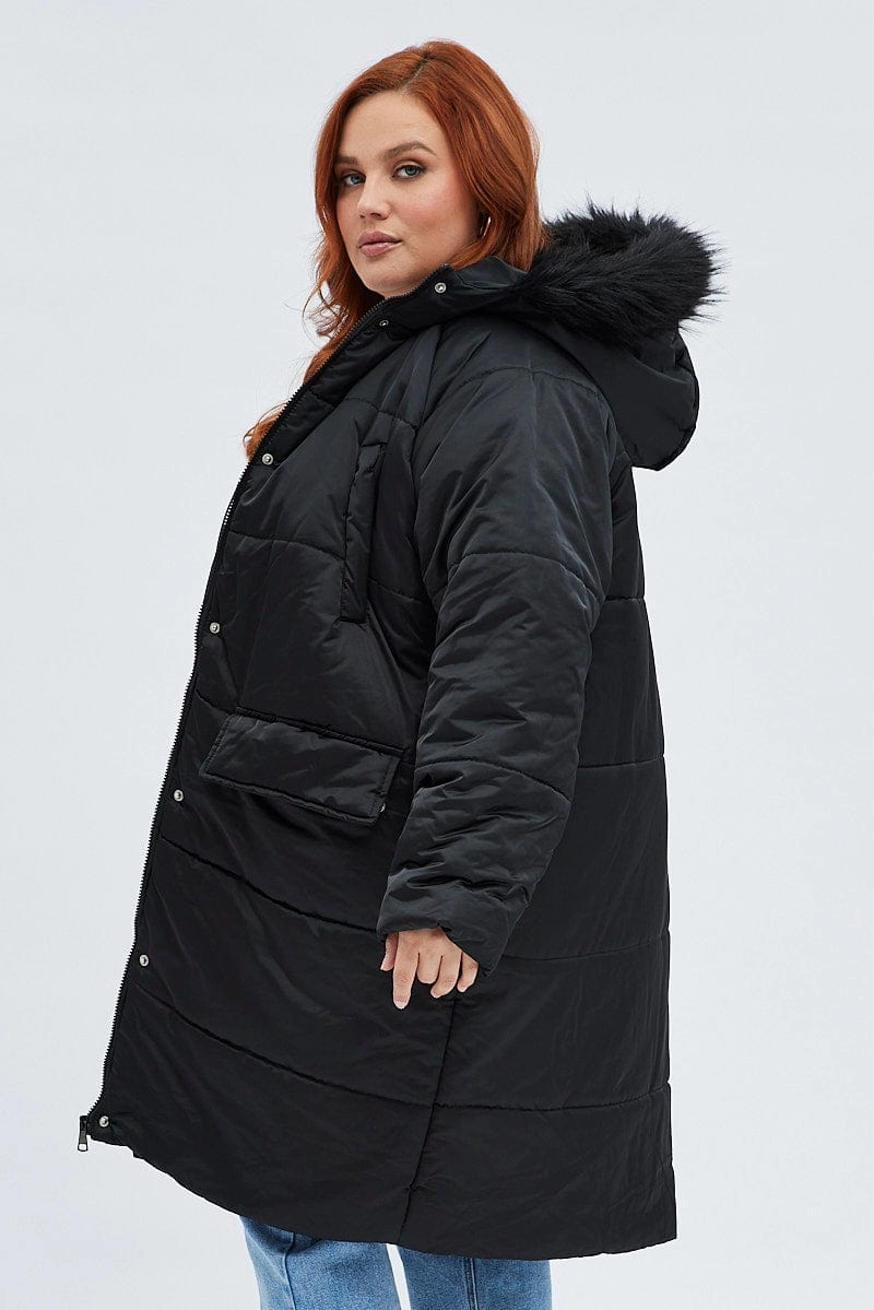 Black Puffer Coat Fur Hood Long Sleeve Layered Neckline