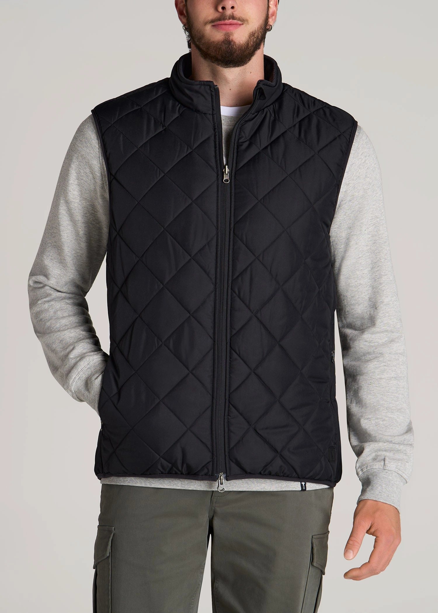 High Collar Quilted Reversible Tall Men's Vest in Black & Charcoal