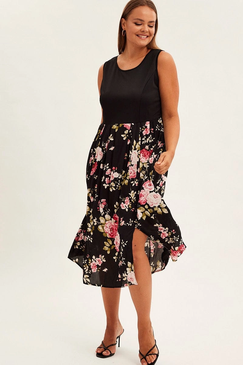 Print Cream Print Sleeveless Plain Bodice Long Dress Relaxed day dress