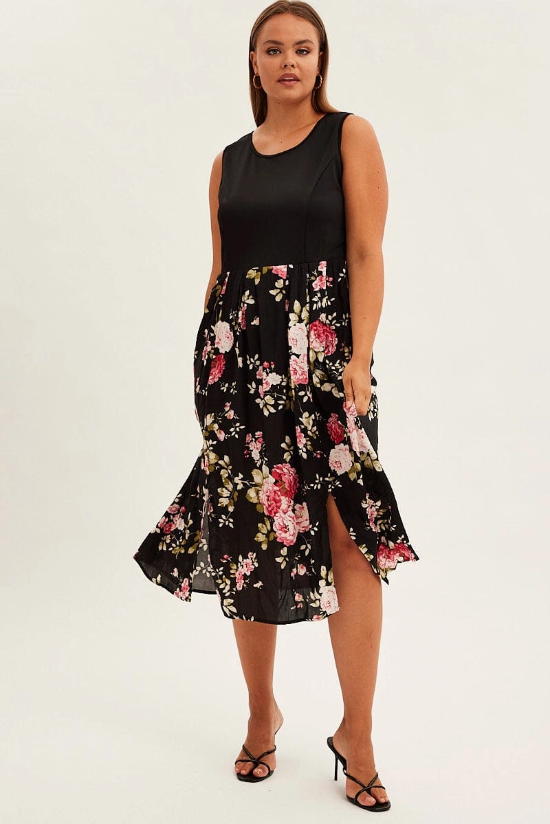 Print Cream Print Sleeveless Plain Bodice Long Dress Easy Movement Subtle Drape