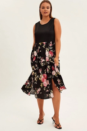 Print Cream Print Sleeveless Plain Bodice Long Dress Easy Movement Subtle Drape