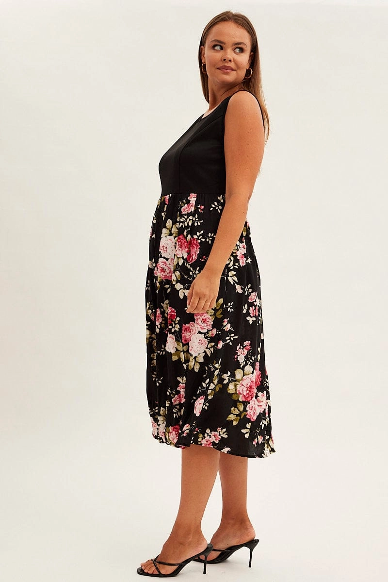 Care-Instructions-Included Print Cream Print Sleeveless Plain Bodice Long Dress