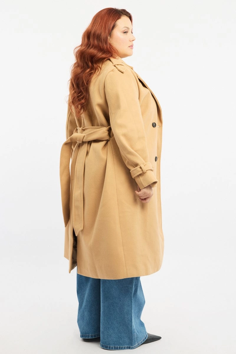 Beige Longline Belted Lined Coat Bonded Hemline Balanced Insulation