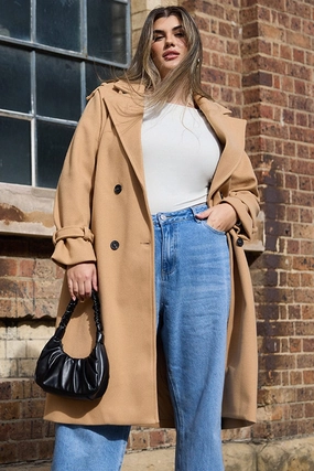Beige Longline Belted Lined Coat Touchscreen Compatible Cuffs Button Fastenings