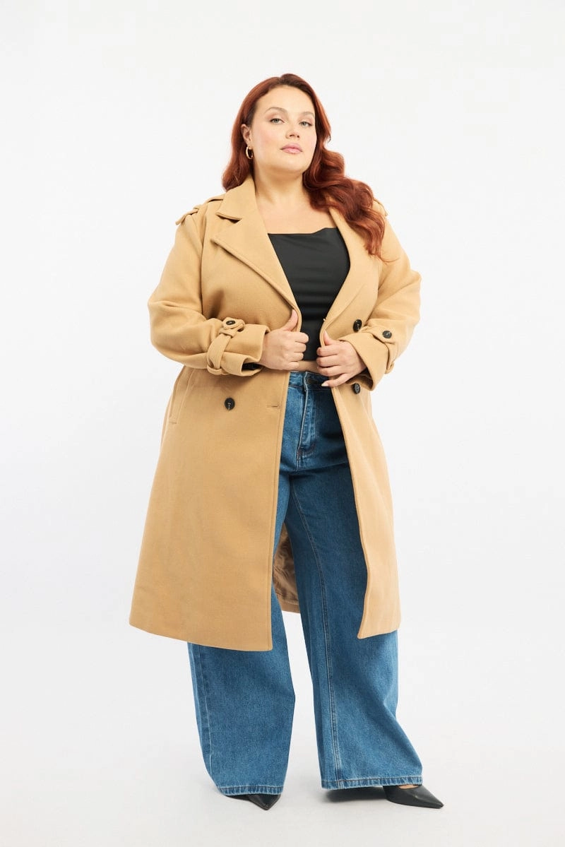 Non Restrictive Silhouette Beige Longline Belted Lined Coat