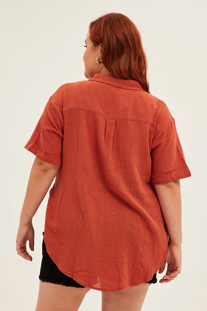 Abrasion Resistant Edging Bold Hue Brown Relaxed Shirt Short Sleeve Button Up