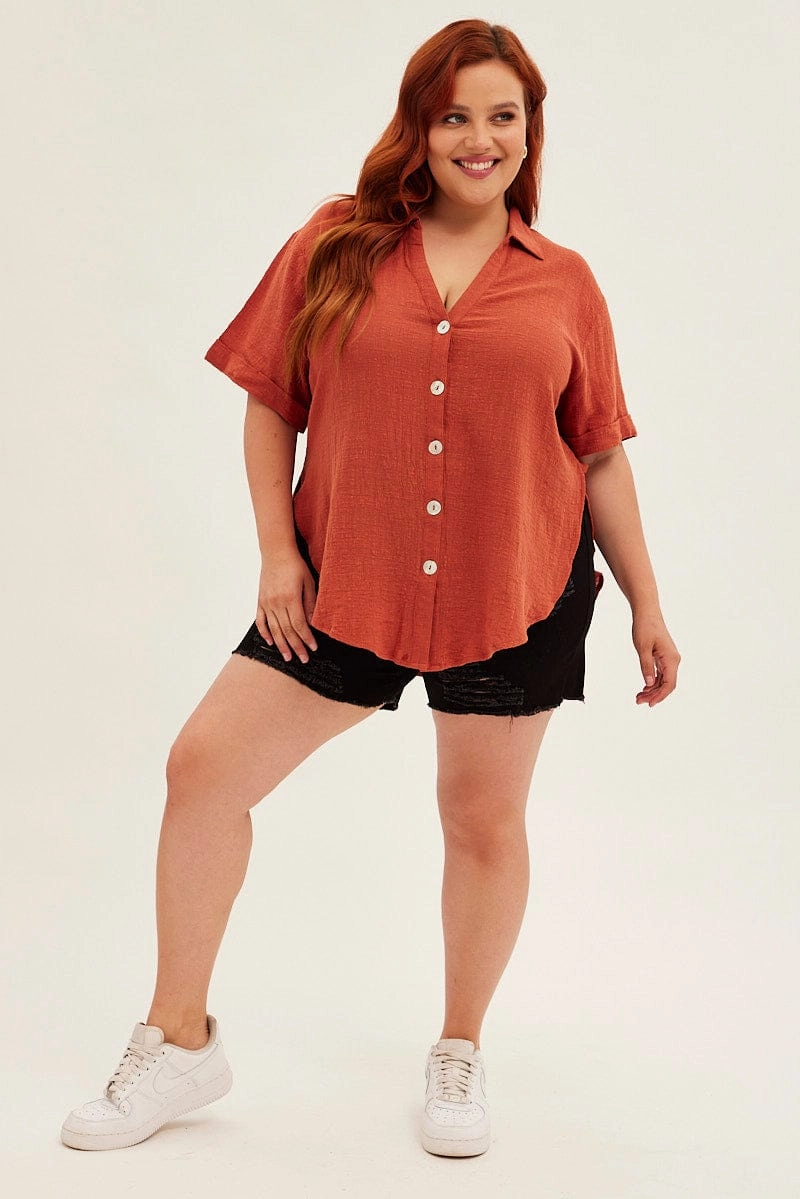 Brown Relaxed Shirt Short Sleeve Button Up Regular Fit Fashion Statement