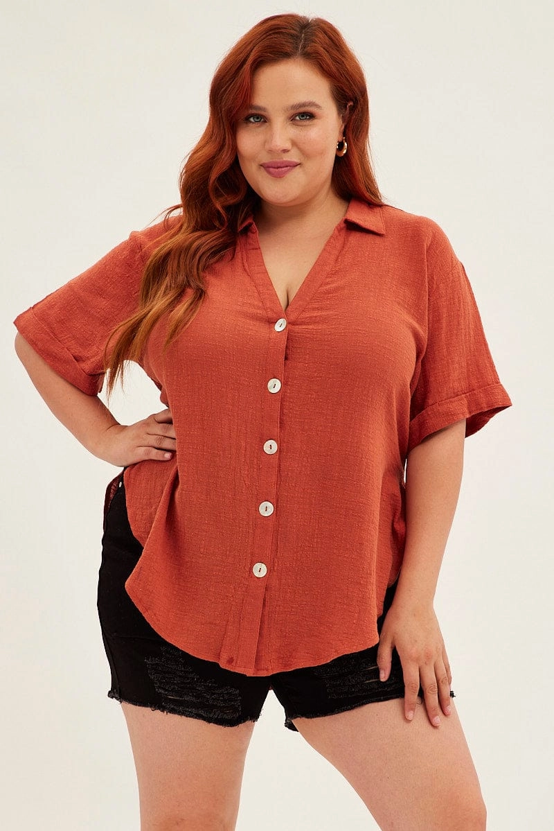 Structured Collar Abstract print Brown Relaxed Shirt Short Sleeve Button Up