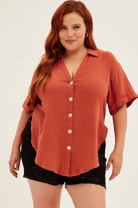Vibrant color Brown Relaxed Shirt Short Sleeve Button Up