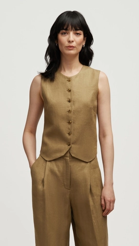Button Down Collar Bonded Hemline High-Neck Button Waistcoat in Basket Weave Linen | Fern