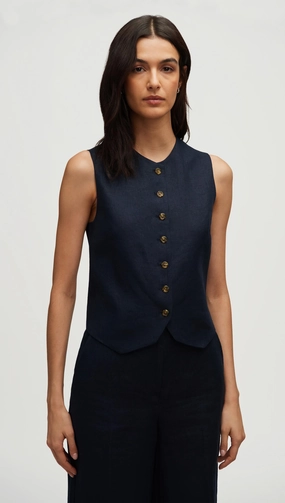 Recycled Polyester High-Neck Button Waistcoat in Basket Weave Linen | Midnight
