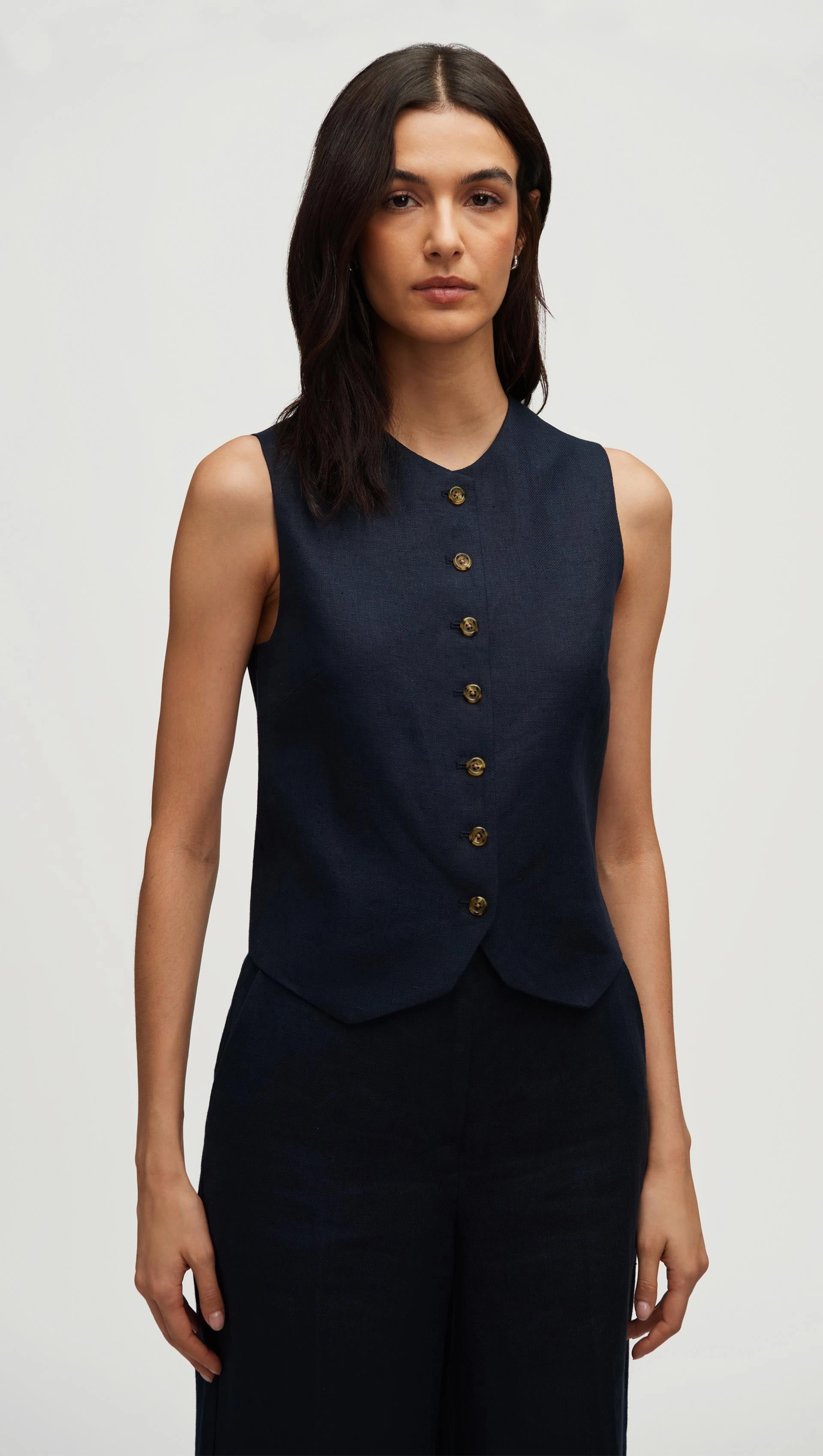 High-Neck Button Waistcoat in Basket Weave Linen | Midnight Layered Panel Construction Wrinkle resistant fabric