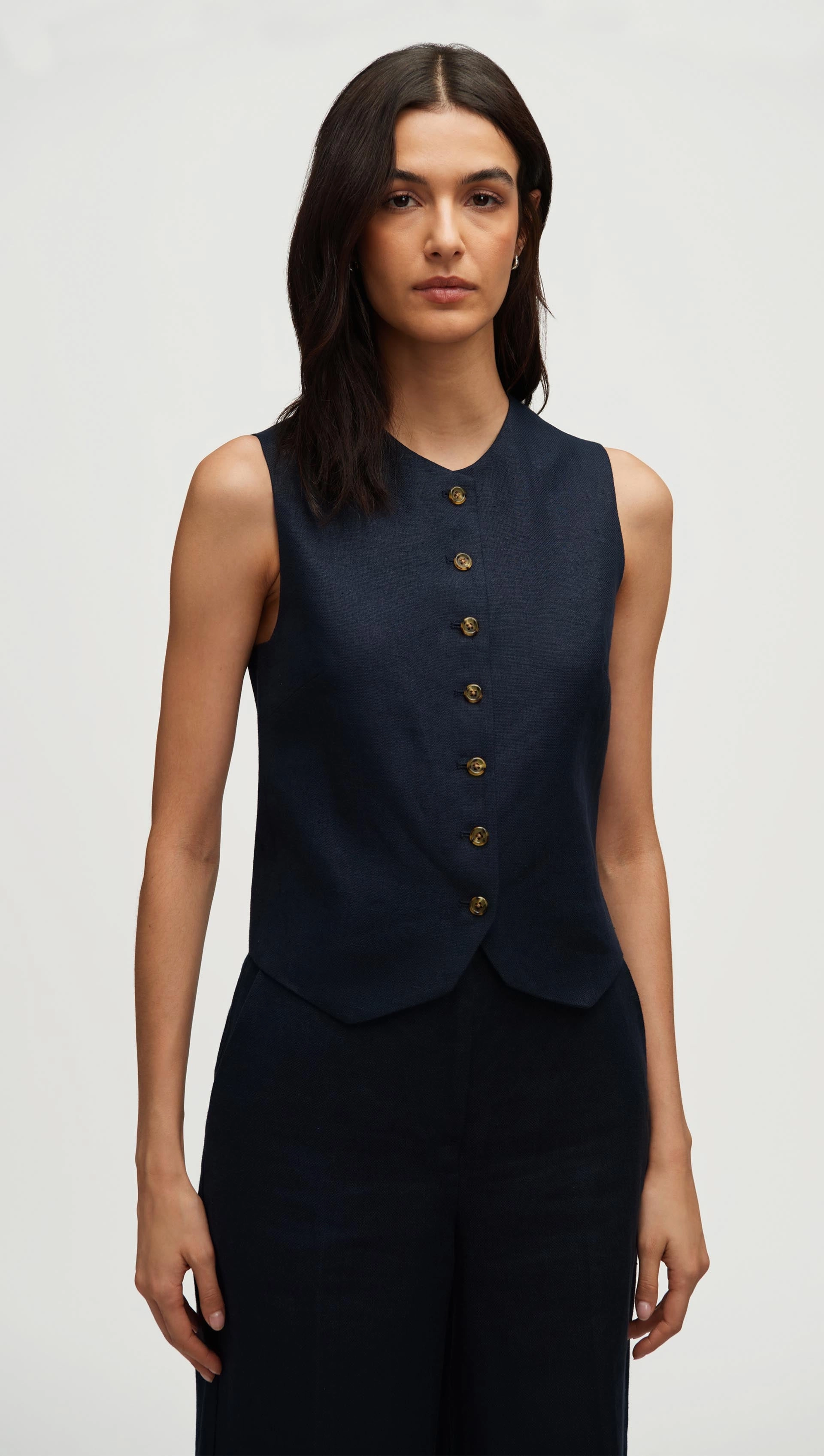High-Neck Button Waistcoat in Basket Weave Linen | Midnight Reverseble Design