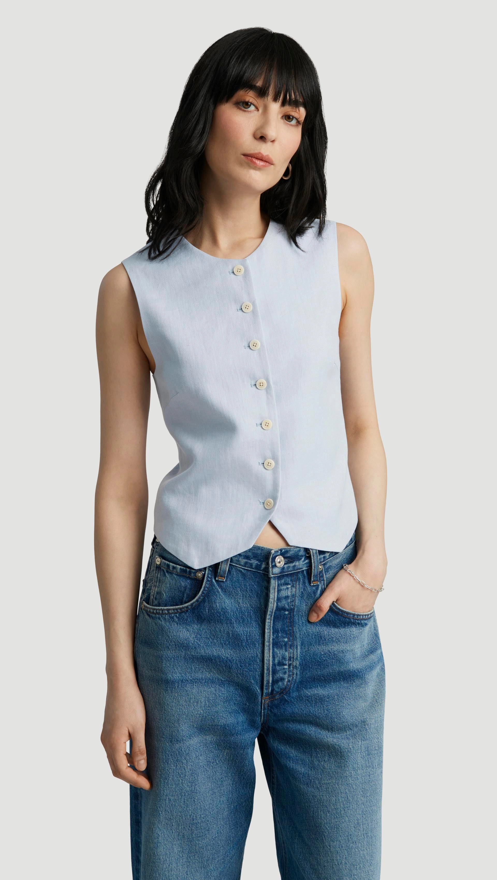 ZonalVentilation High-Neck Button Waistcoat in Linen Twill | Glacier