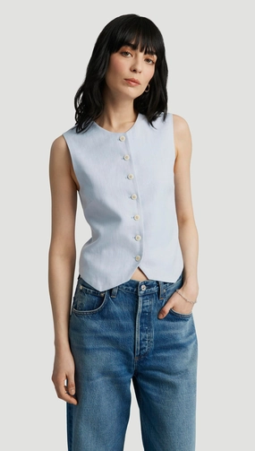 Quick Dry Tech Machine Washable Fabric High-Neck Button Waistcoat in Linen Twill | Glacier