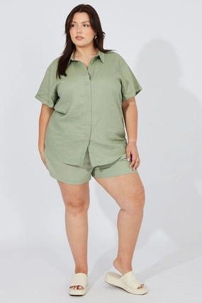 Sustainable Design Green Relaxed Shirt Short Sleeve Linen Viscose