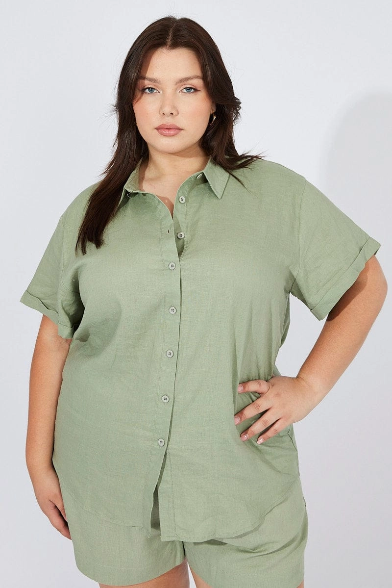 Green Relaxed Shirt Short Sleeve Linen Viscose Soft Material Summer Camp
