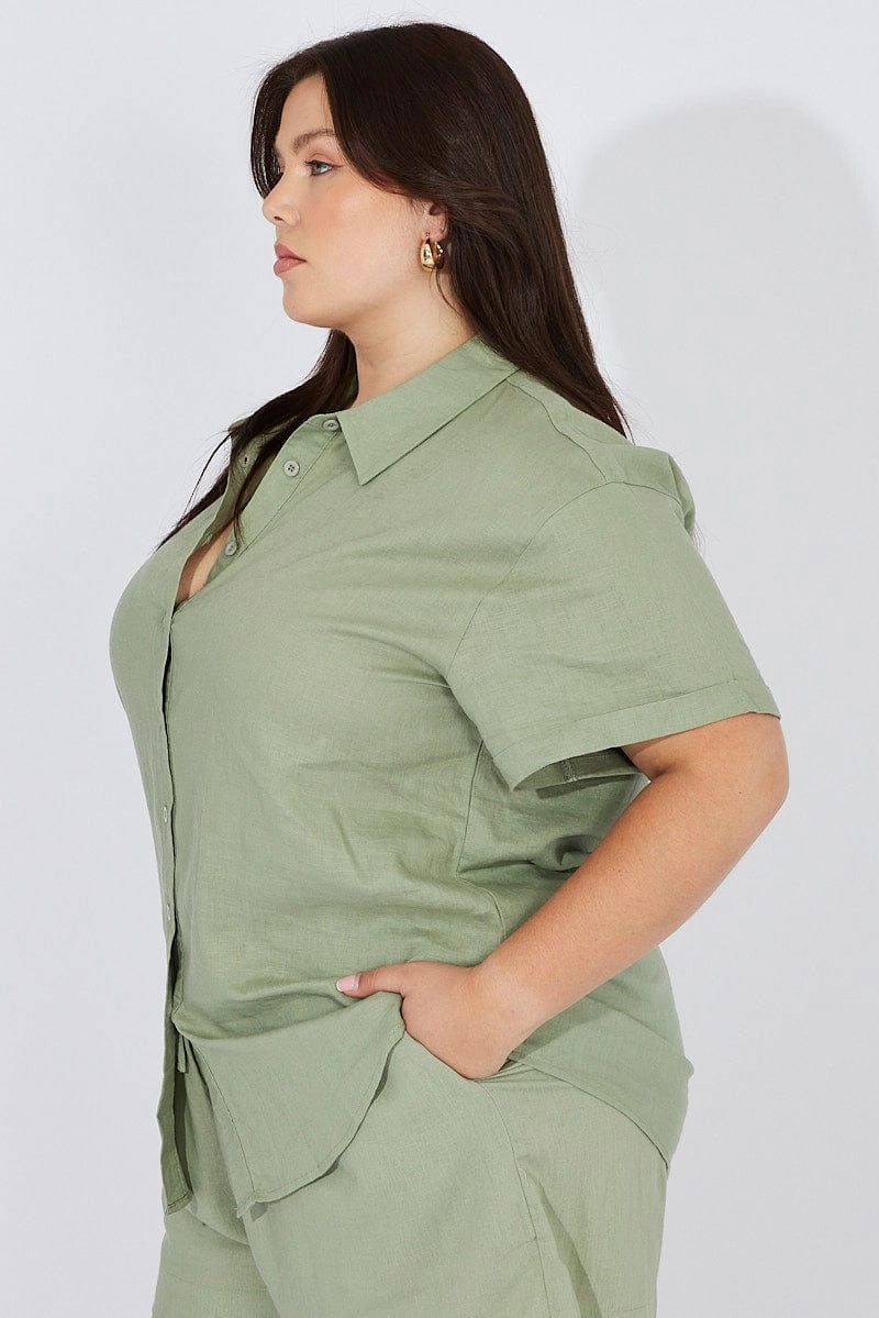 Green Relaxed Shirt Short Sleeve Linen Viscose Perfect Layer