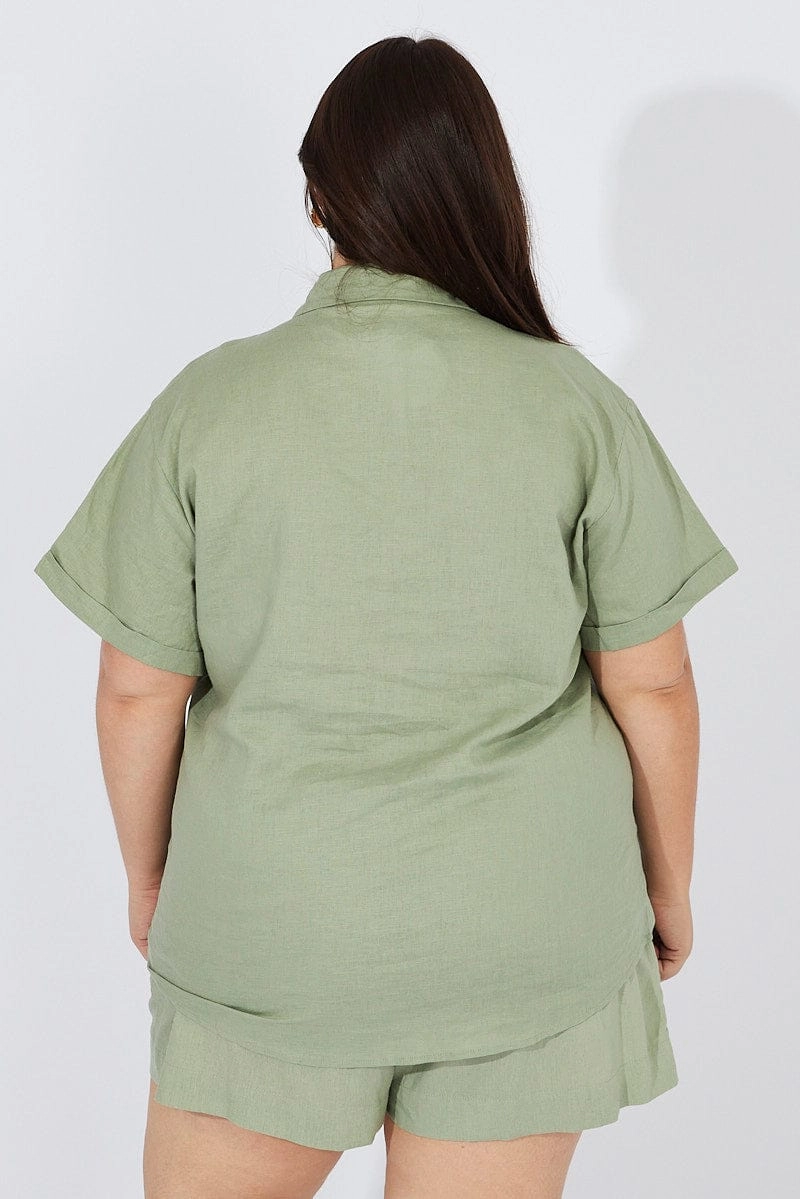 Green Relaxed Shirt Short Sleeve Linen Viscose Cozy Layer Sporty Design