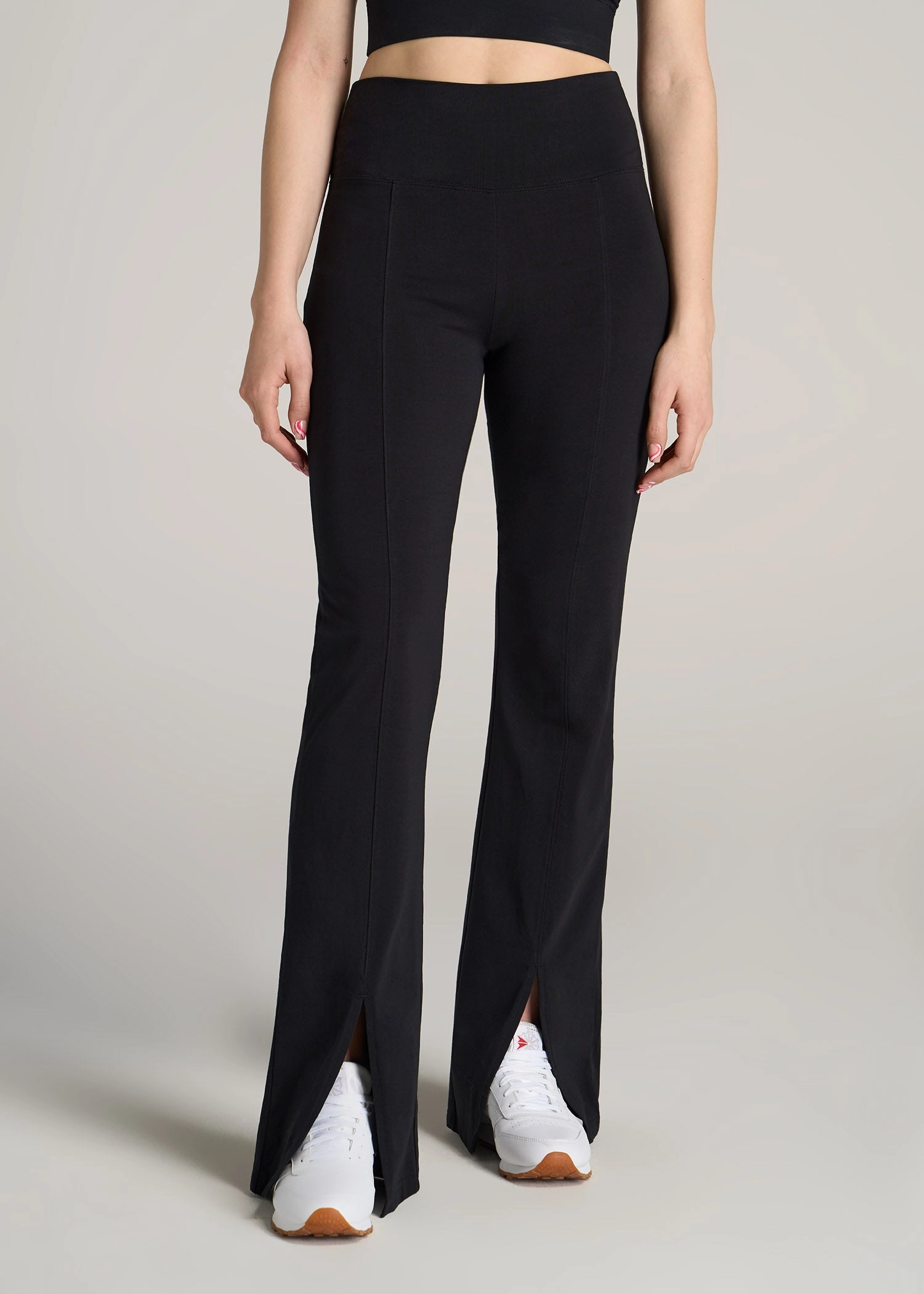 Petite Size Work Commute High Rise Split Flare Cotton Leggings for Tall Women in Black