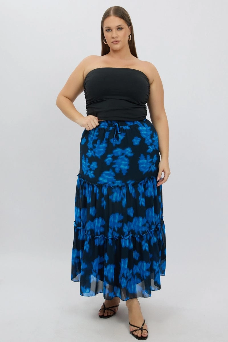 Blue Abstract Elastic Waist Tie Front Maxiskirt Button Fastenings