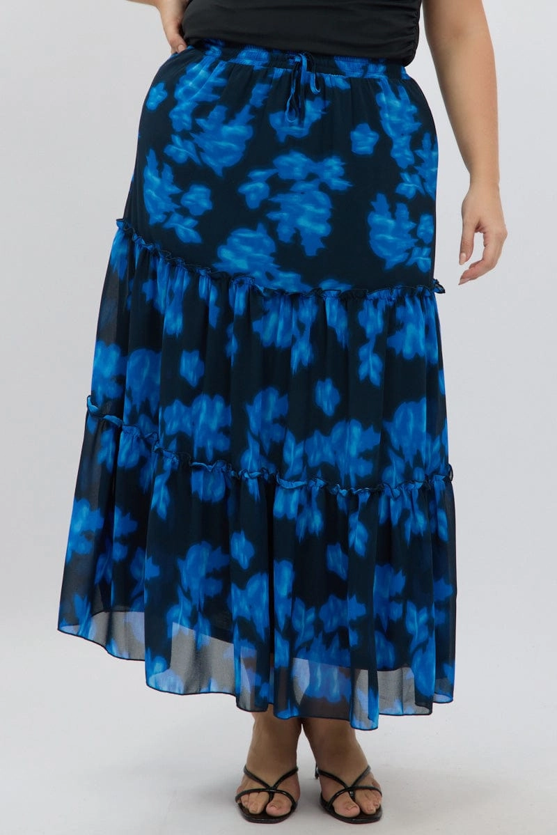 Satin feel Blue Abstract Elastic Waist Tie Front Maxiskirt