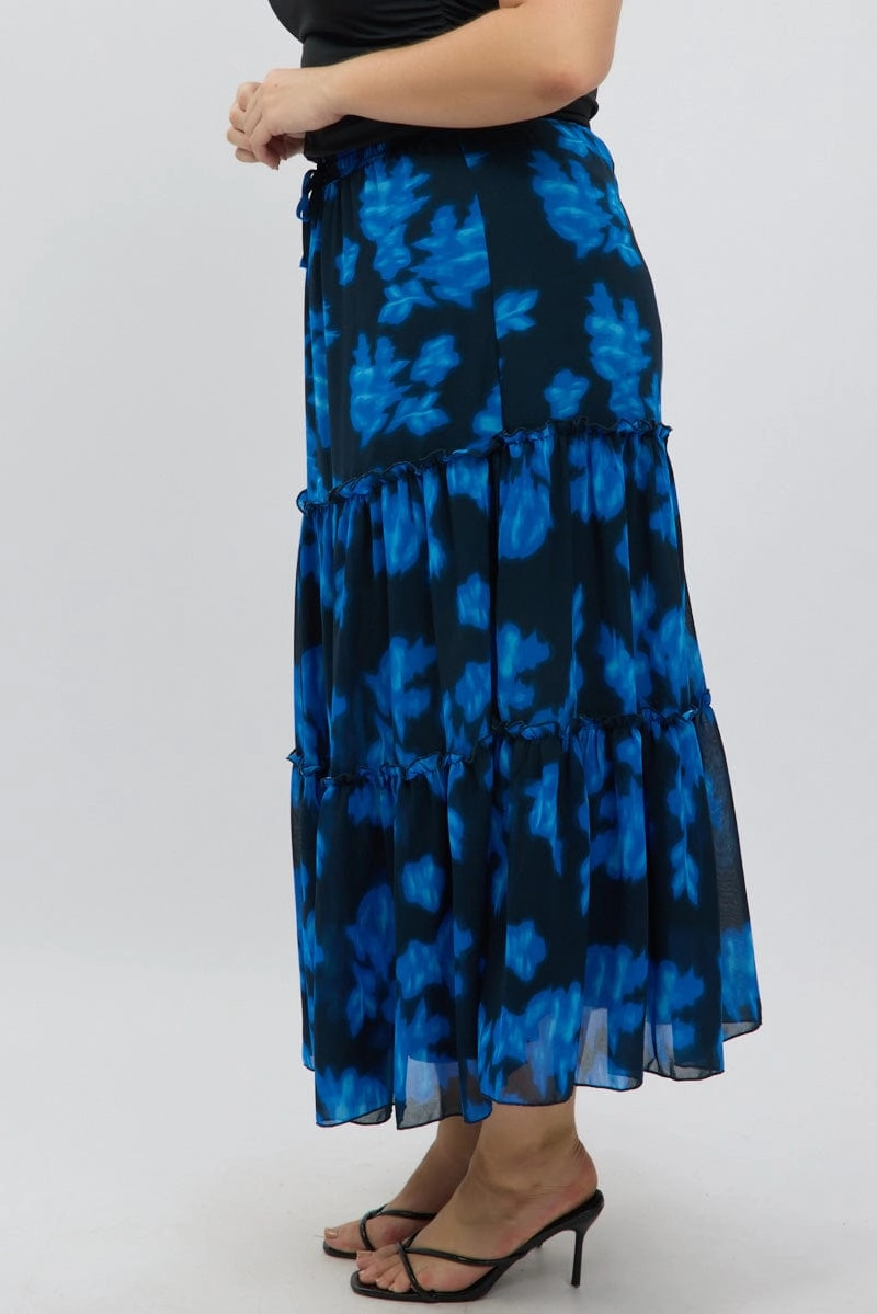 Blue Abstract Elastic Waist Tie Front Maxiskirt slim fit