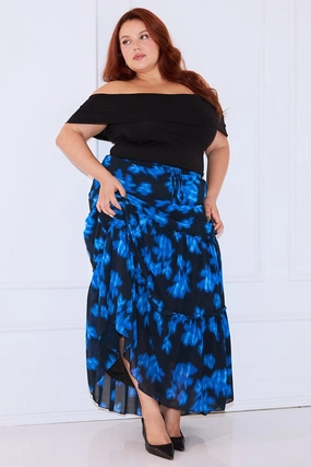 Blue Abstract Elastic Waist Tie Front Maxiskirt Flared hem