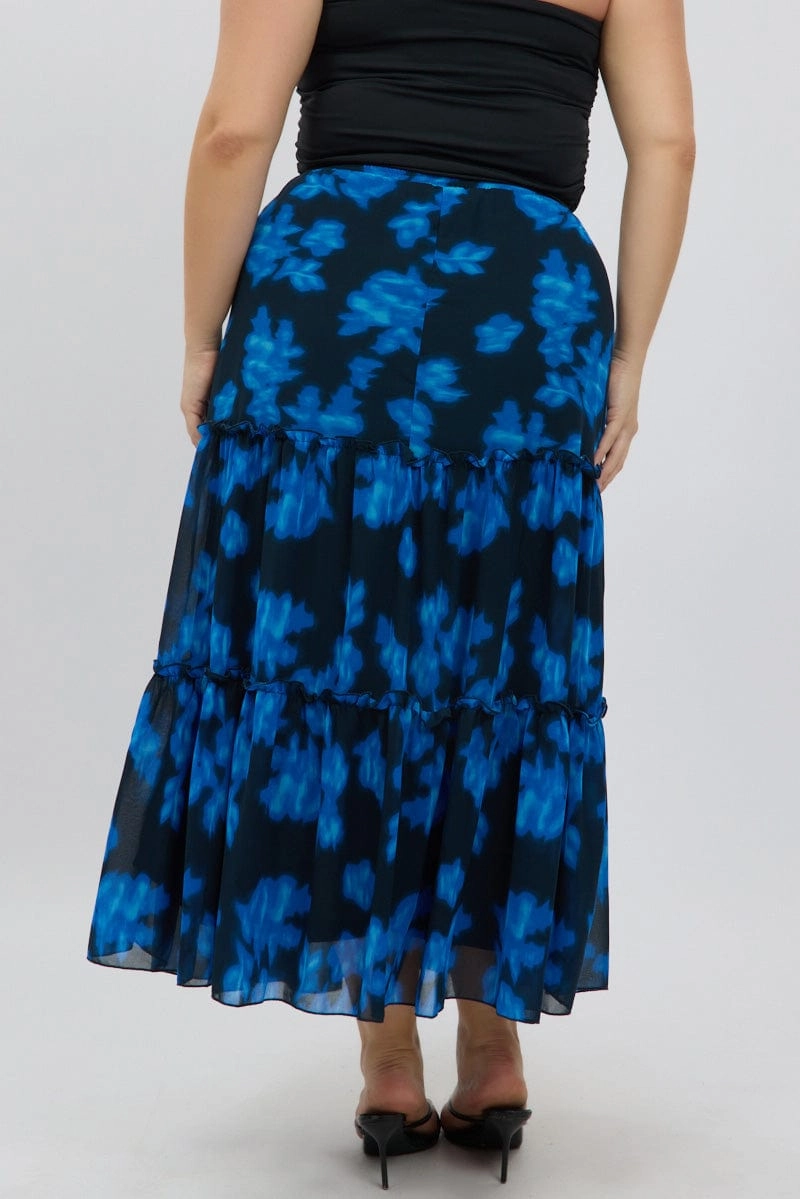 Blue Abstract Elastic Waist Tie Front Maxiskirt Fashion Mood Wrinkle Resistant Finish