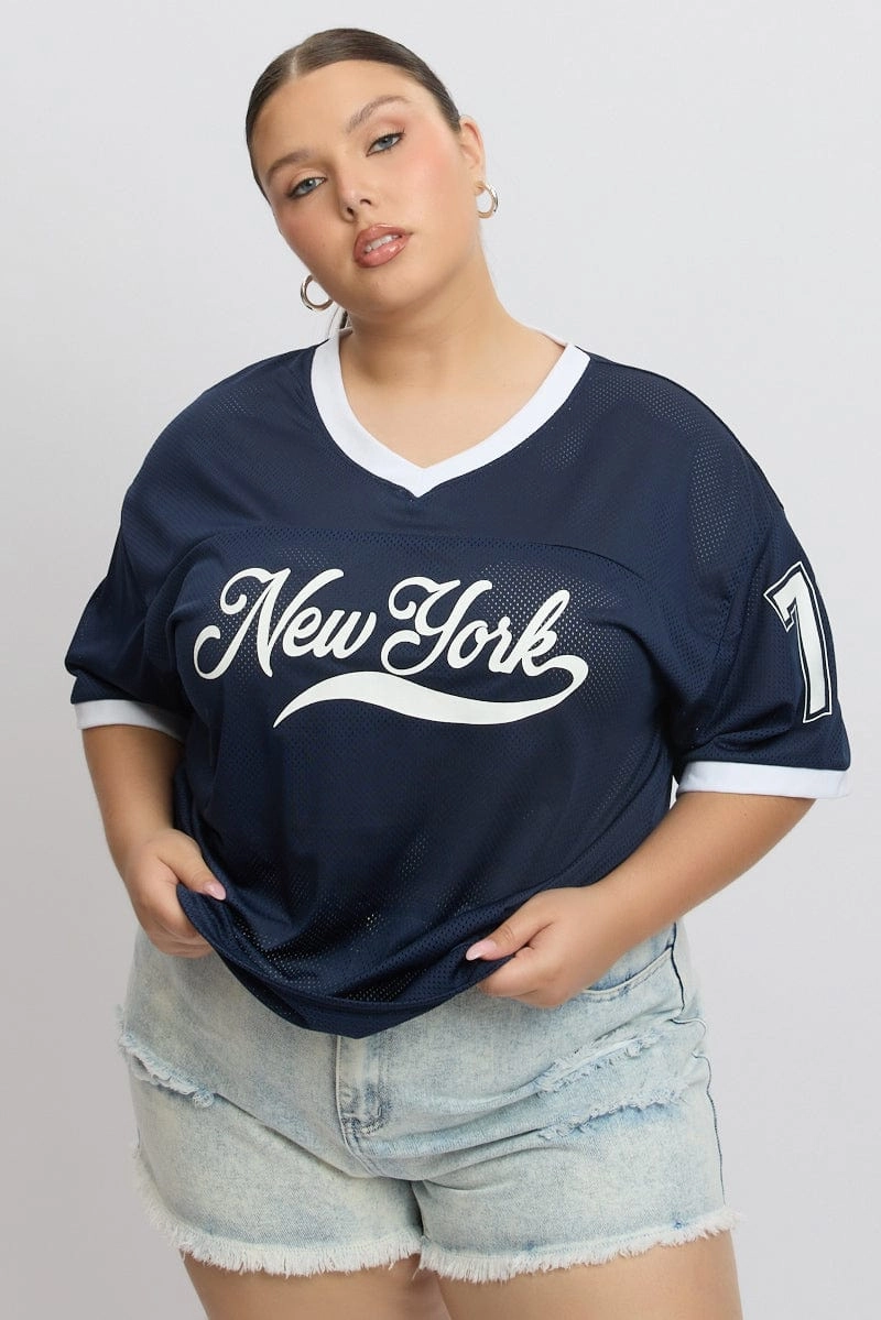 Blue Graphic T Shirt Short Sleeve V Neck Fashionable Layer