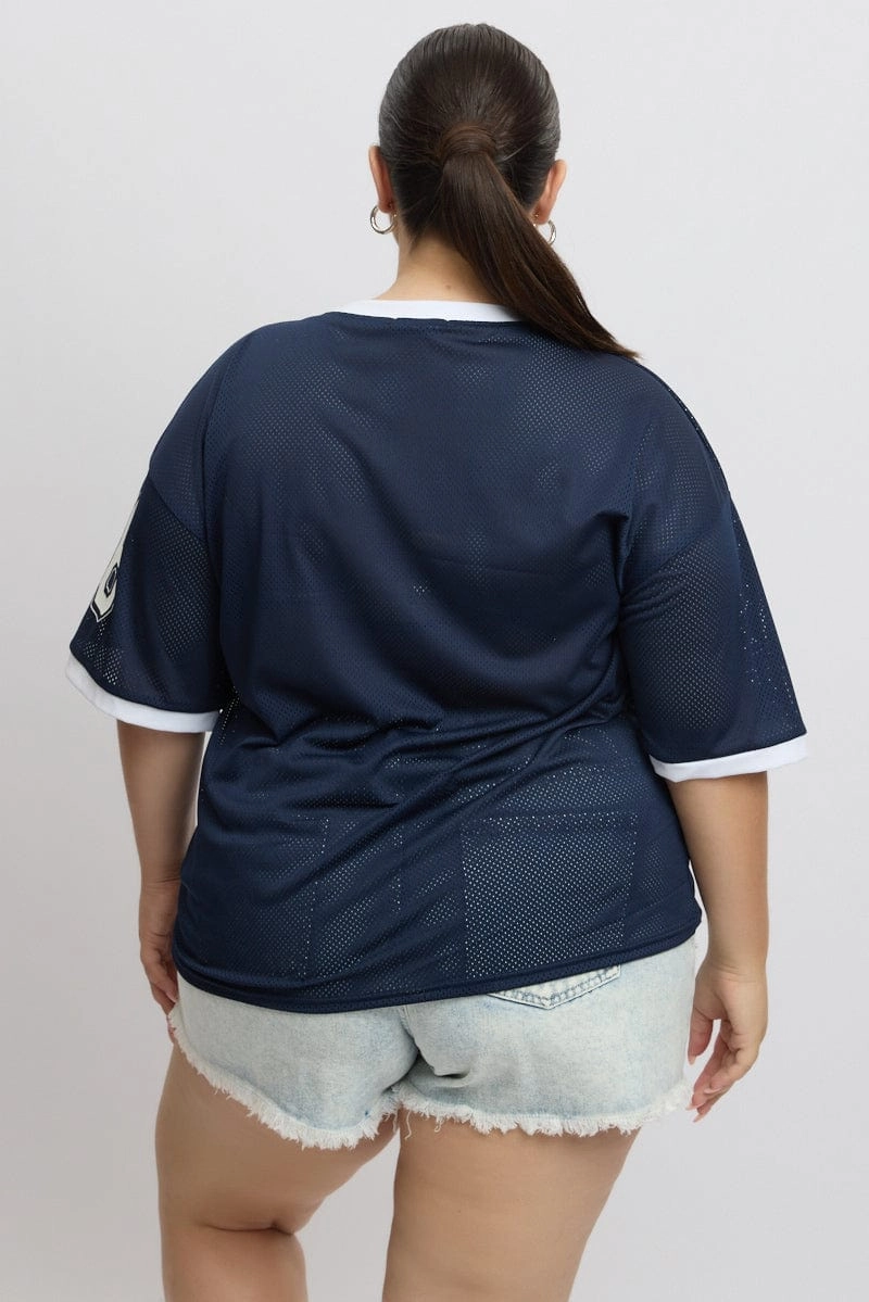 Blue Graphic T Shirt Short Sleeve V Neck Sleep AntiPilling Treatment