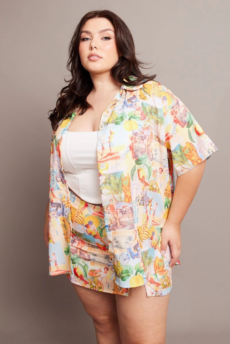 Smooth Texture Multi Abstract Relaxed Shirt Short Sleeve