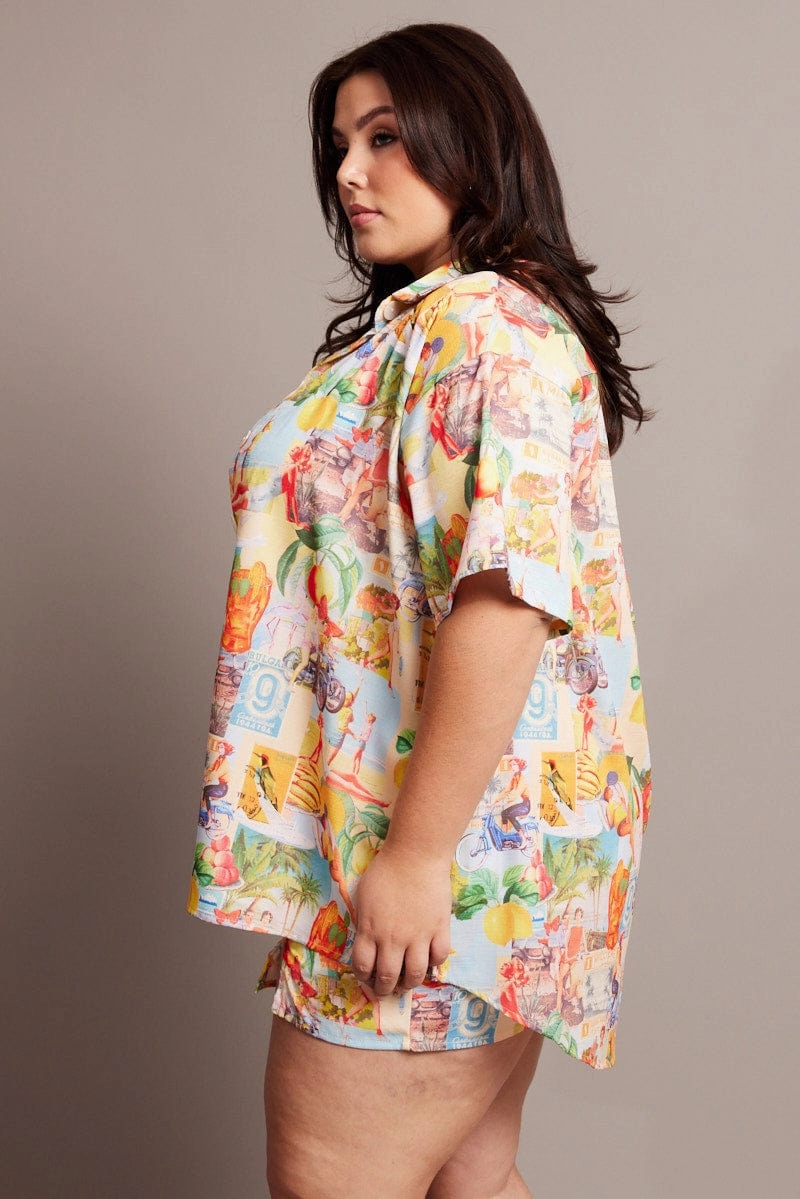 Hidden Placket Anti Pilling Finish Multi Abstract Relaxed Shirt Short Sleeve