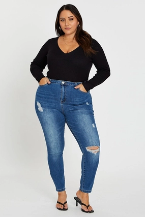 Smooth Road Trip Family Style Parent Style Smart Casual Blue Jean Mid Rise Slash Knee Skinny