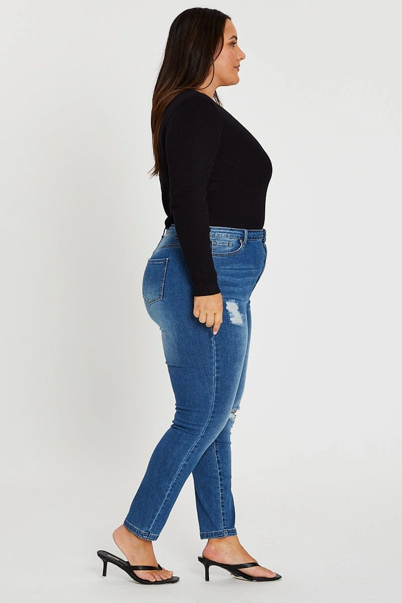 Blue Jean Mid Rise Slash Knee Skinny Simple Detail