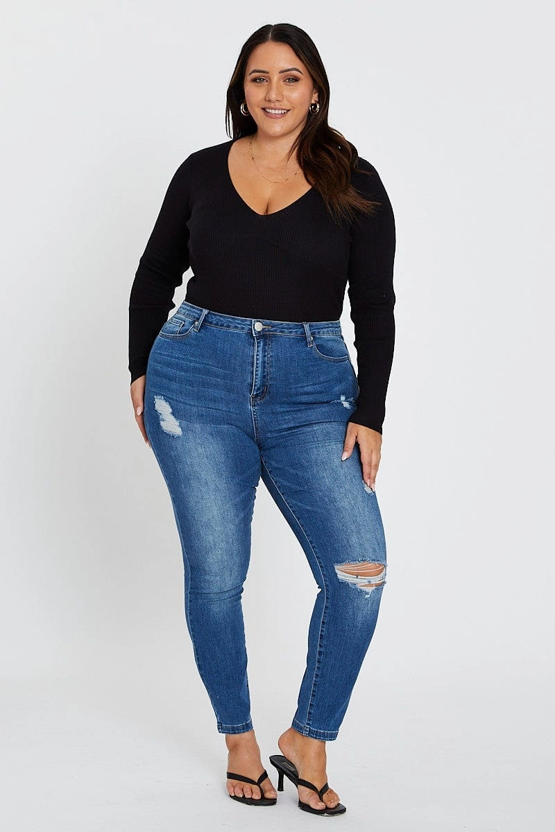 Sustainable Creative Look Neutral Smooth Blue Jean Mid Rise Slash Knee Skinny
