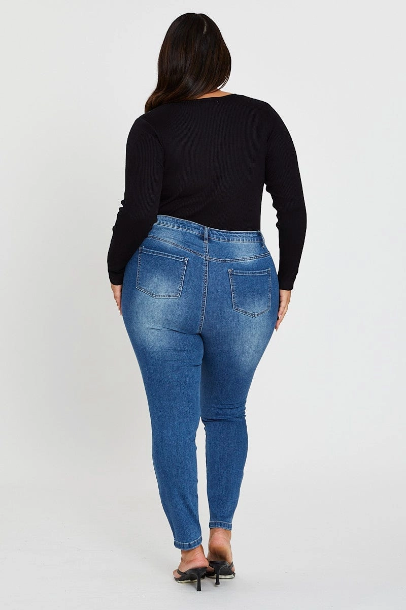 Blue Jean Mid Rise Slash Knee Skinny High Quality Bold Look Summer Vibes