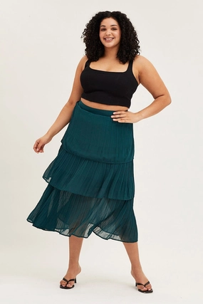 Green Midi Skirt Pleated Double Layer