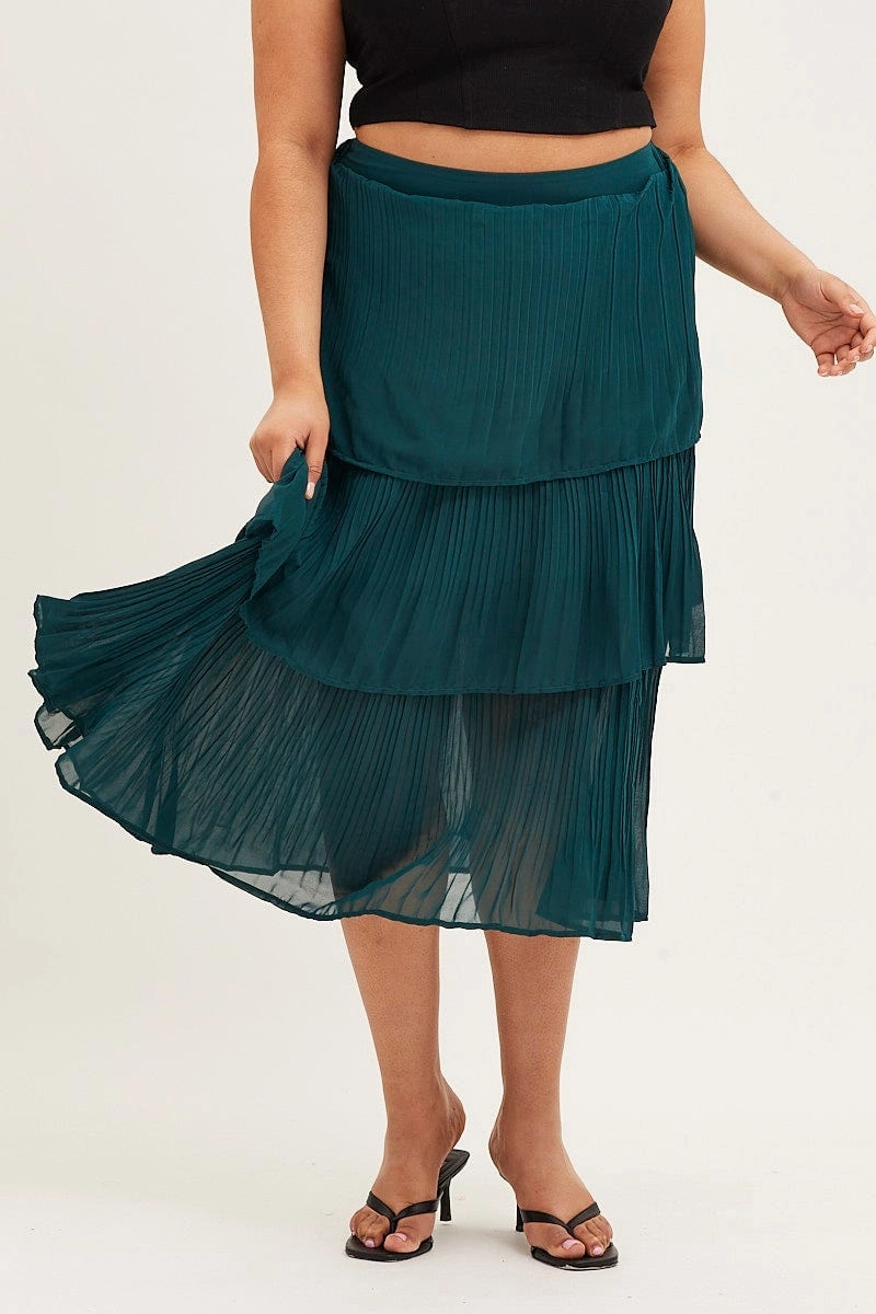 Green Midi Skirt Pleated City Ready Textured Surface