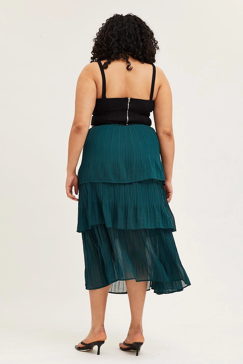 Clean Aesthetic flared silhouette Green Midi Skirt Pleated
