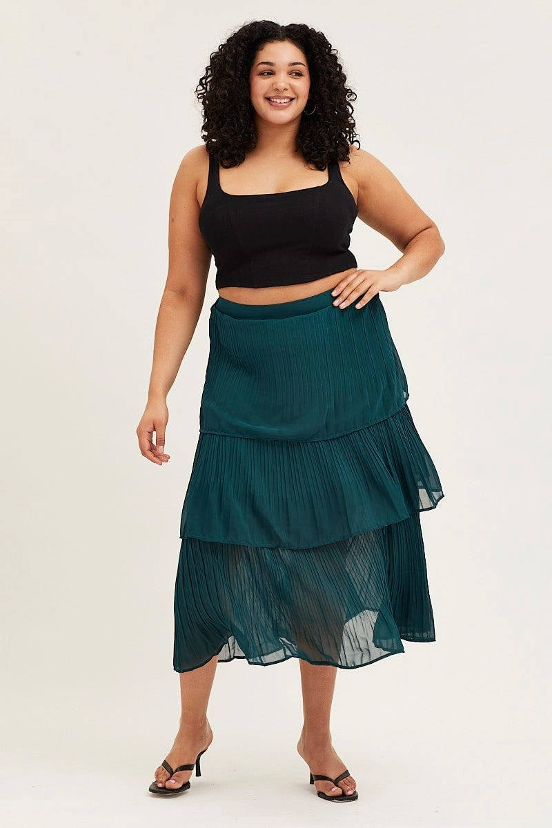muted tone Roll Up Fasten Green Midi Skirt Pleated