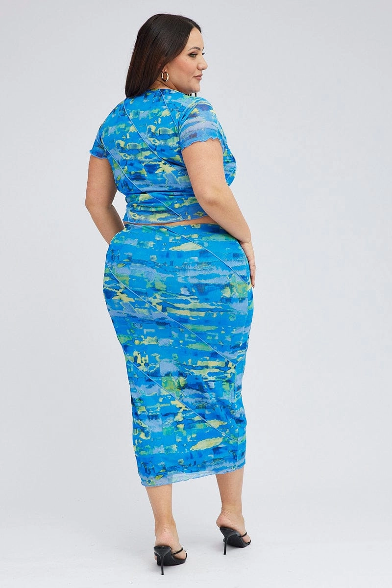 Statement Color Multi Abstract Mesh Skirt Seam Detail
